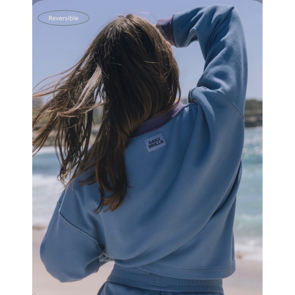 Daily Drills Oversized Thermal Crew Cabana & Navy Rib Tonal Patch Size M/L NWT